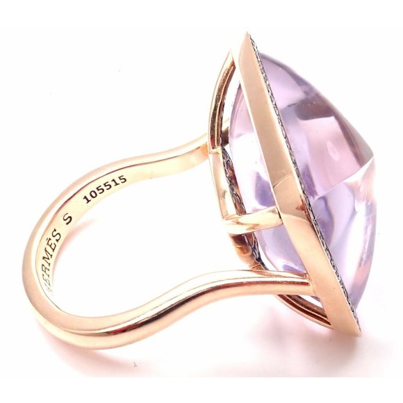 Rare! Authentic Hermes 18k Rose Gold Diamond Large Amethyst Ring - Picture 3 of 12